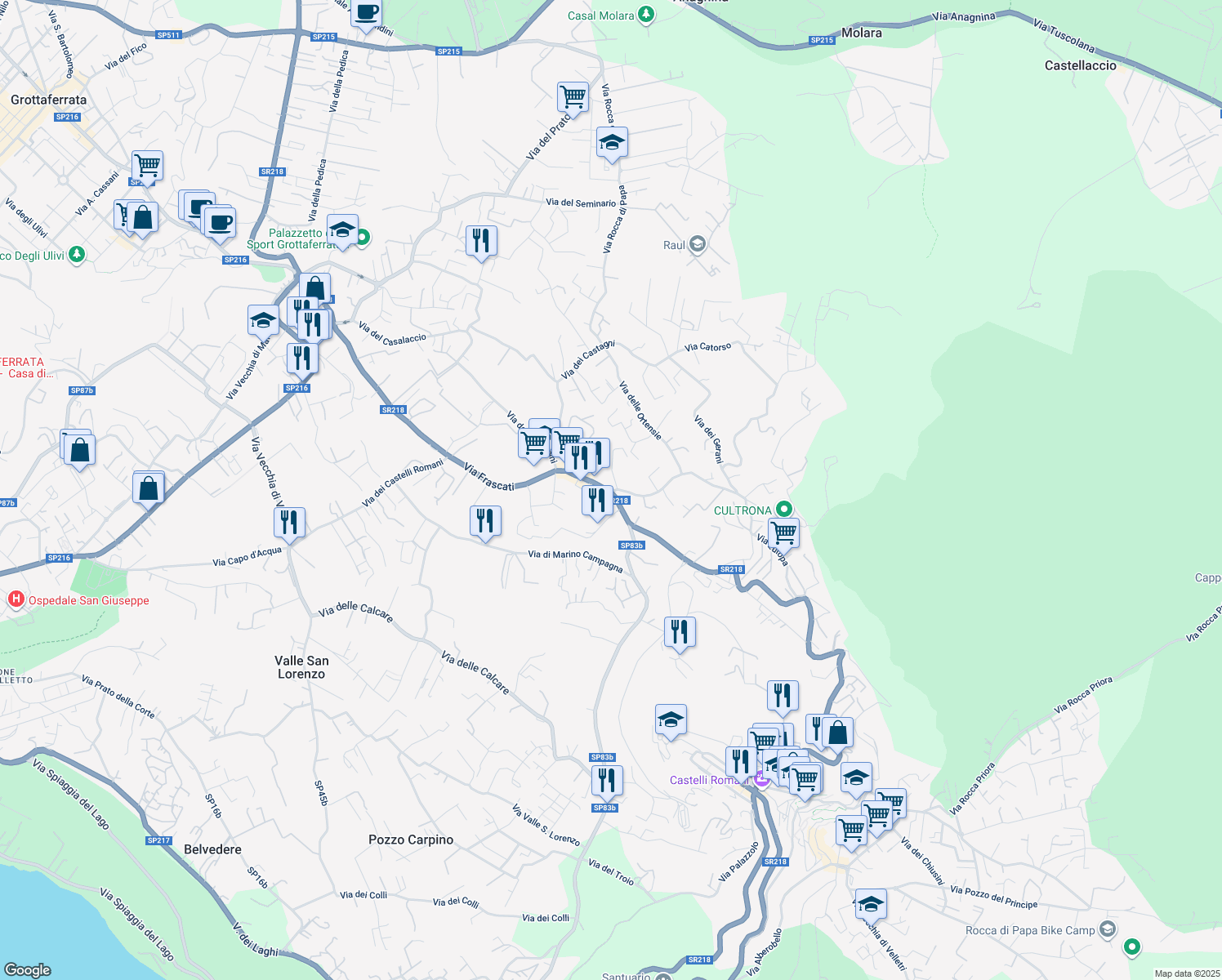 map of restaurants, bars, coffee shops, grocery stores, and more near 242 Via Frascati in Rocca di Papa