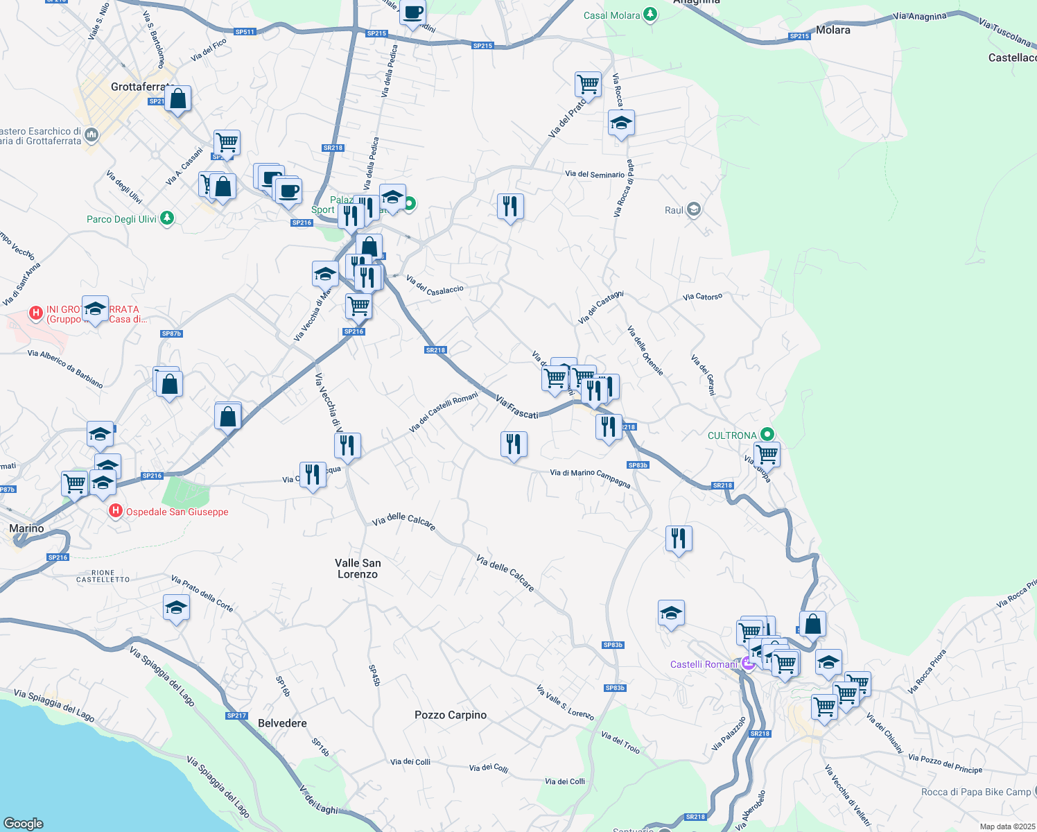map of restaurants, bars, coffee shops, grocery stores, and more near 225 Via Frascati in Rocca di Papa