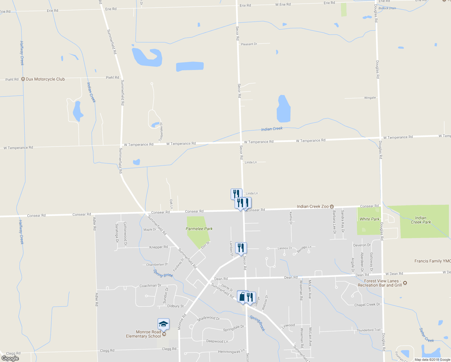 map of restaurants, bars, coffee shops, grocery stores, and more near 8665 Secor Road in Lambertville