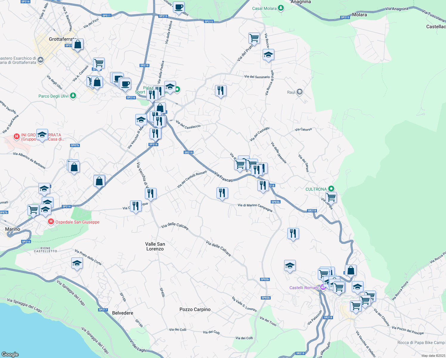 map of restaurants, bars, coffee shops, grocery stores, and more near 225 Via Frascati in Rocca di Papa