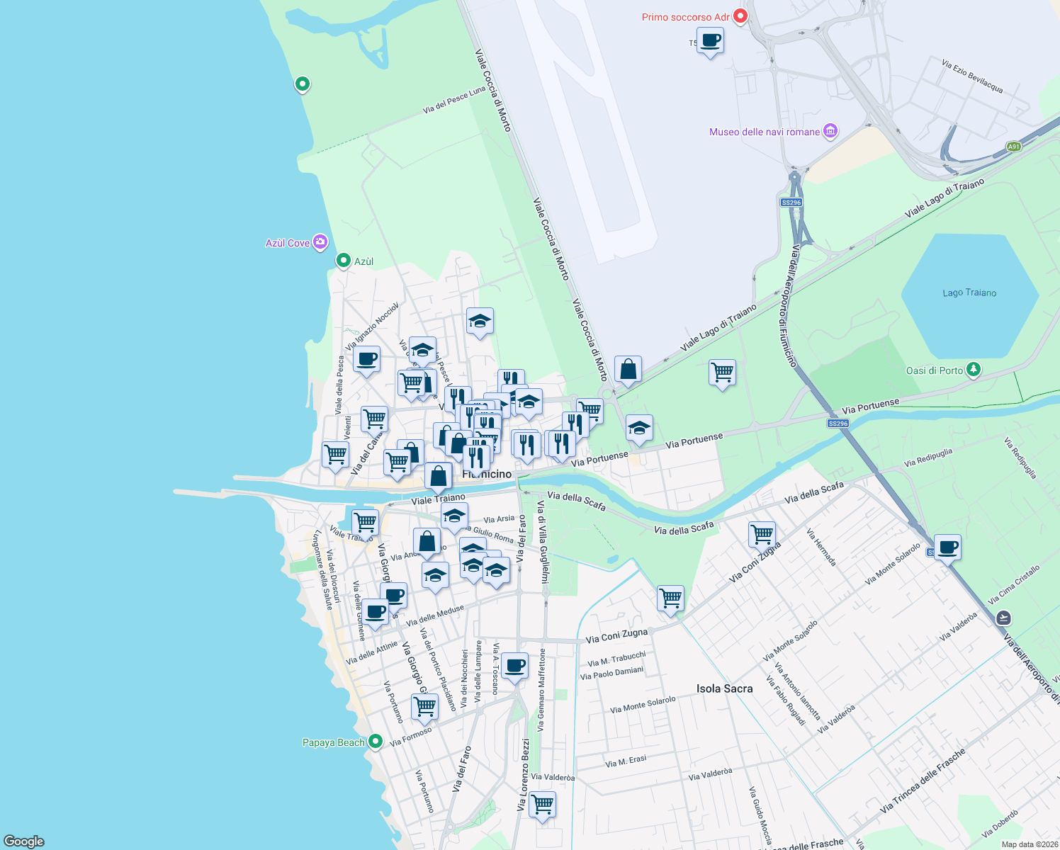 map of restaurants, bars, coffee shops, grocery stores, and more near Via Sandro Pertini in Fiumicino
