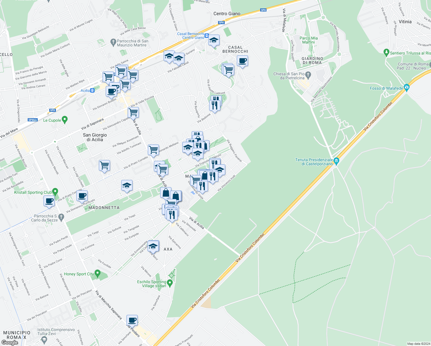 map of restaurants, bars, coffee shops, grocery stores, and more near 456 via Gigi Chessa in Roma