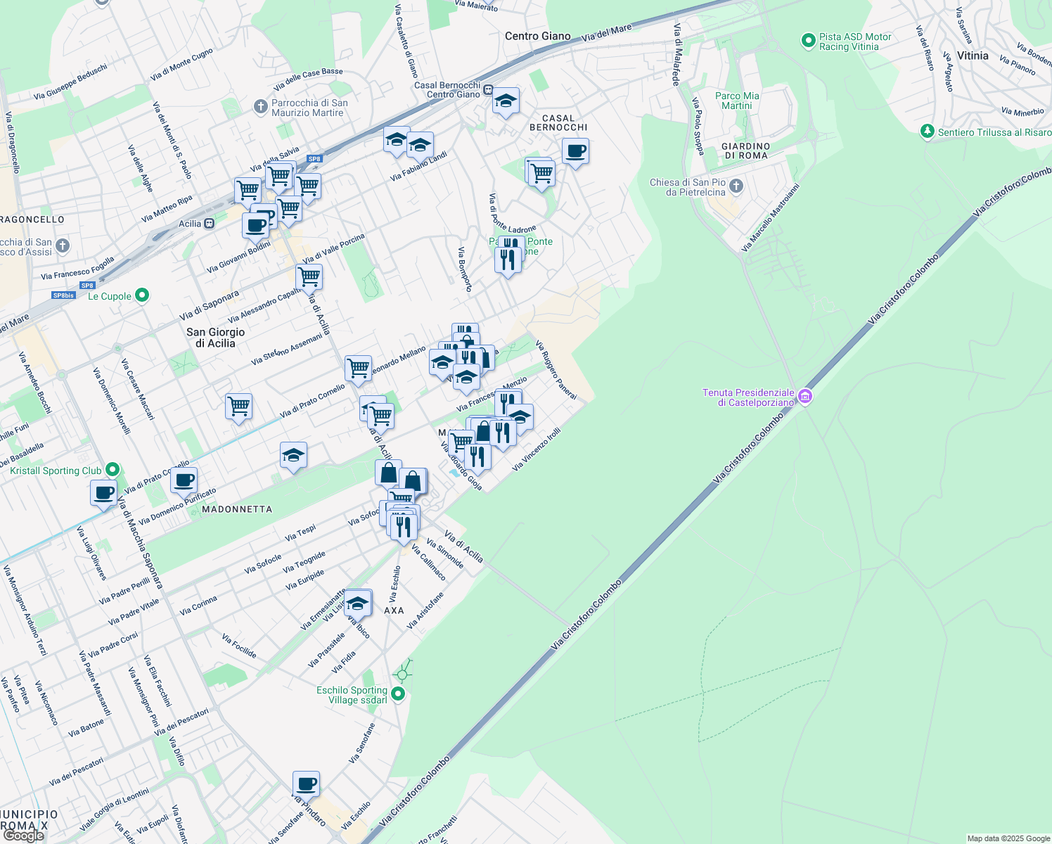 map of restaurants, bars, coffee shops, grocery stores, and more near 456 via Gigi Chessa in Rome