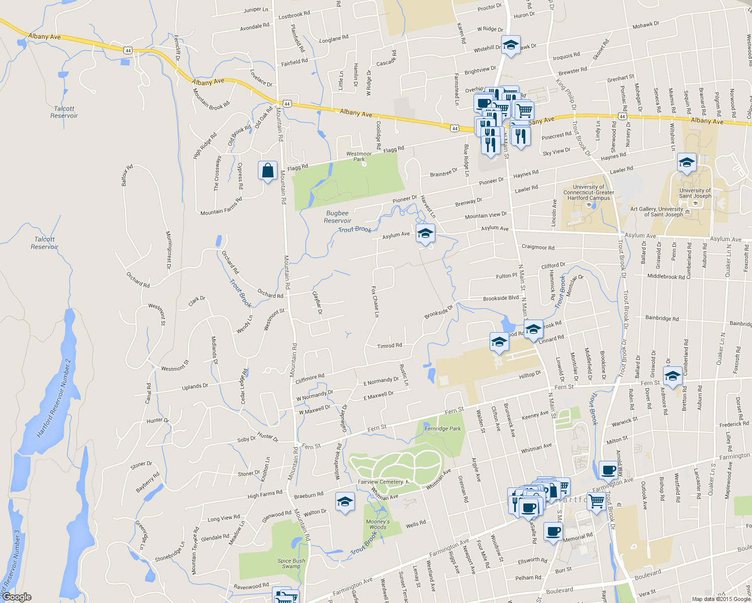 map of restaurants, bars, coffee shops, grocery stores, and more near Fox Chase Lane in West Hartford