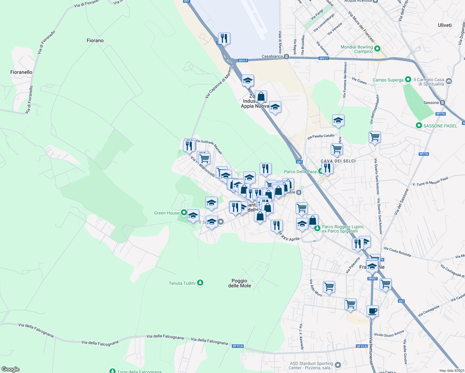 map of restaurants, bars, coffee shops, grocery stores, and more near 1 Largo dei Lecci in Marino