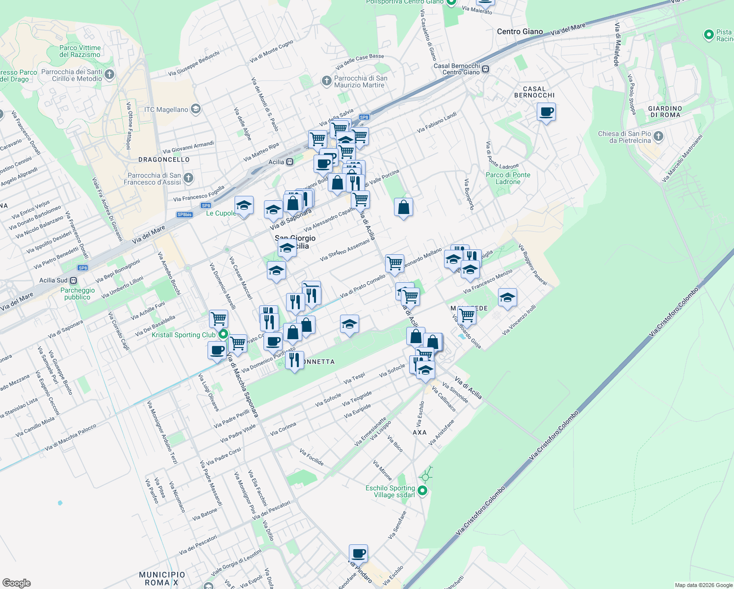 map of restaurants, bars, coffee shops, grocery stores, and more near 35 Via Cassioli Amos in Città metropolitana di Roma Capitale
