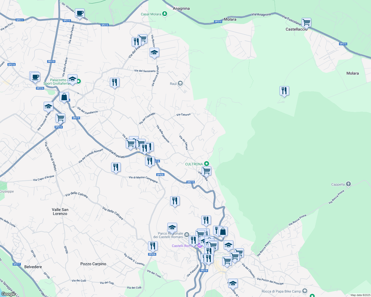 map of restaurants, bars, coffee shops, grocery stores, and more near 9 Via dei Gerani in Rocca di Papa