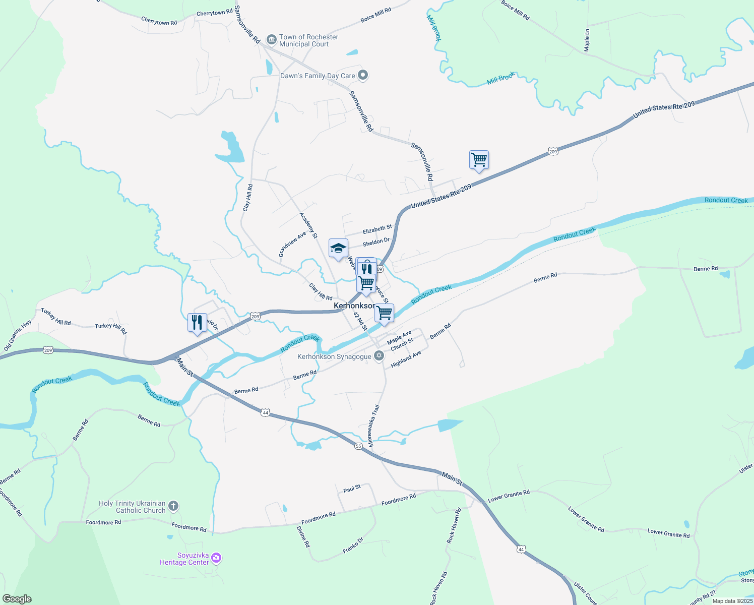 map of restaurants, bars, coffee shops, grocery stores, and more near 35 Spruce St in Kerhonkson