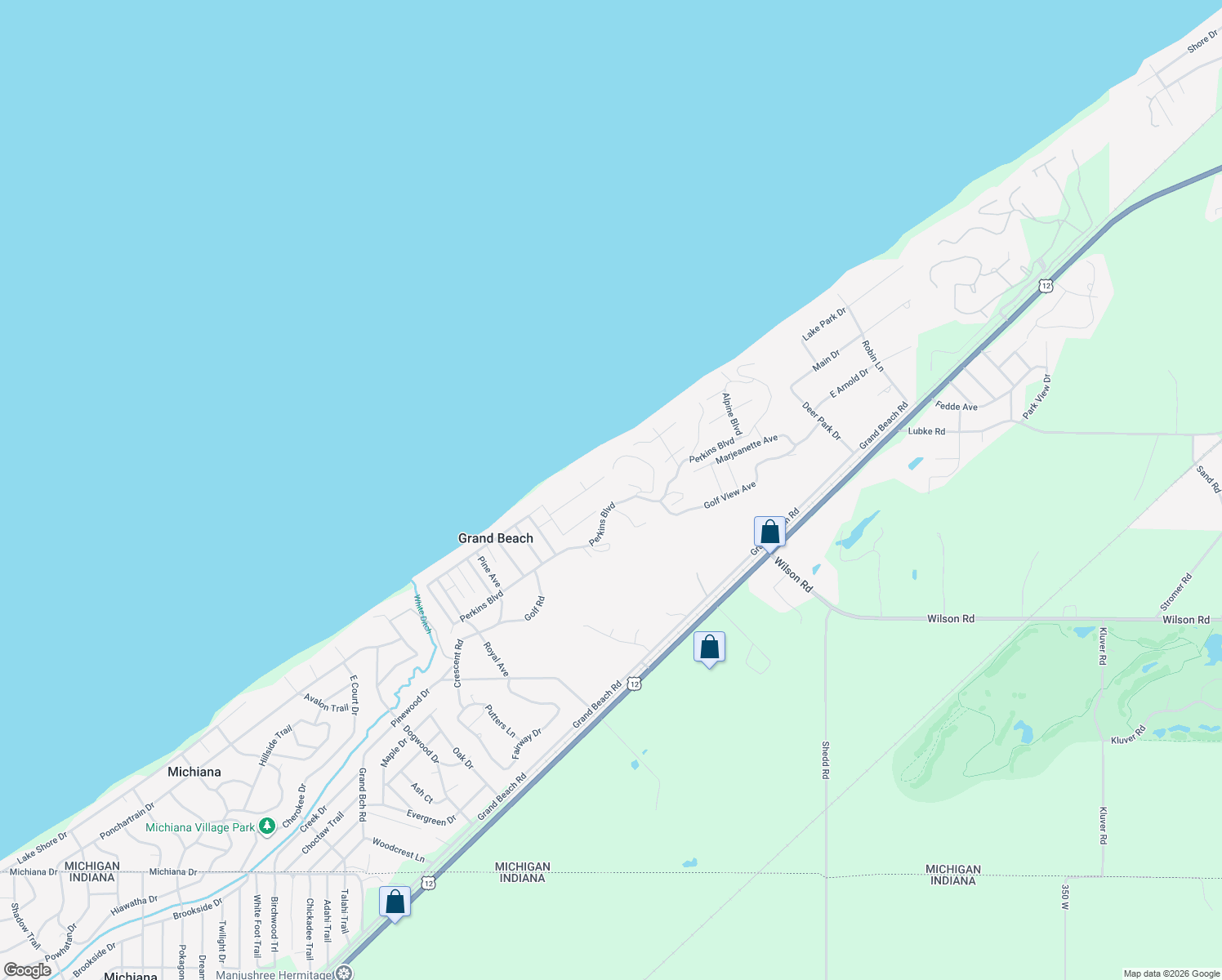 map of restaurants, bars, coffee shops, grocery stores, and more near 49027 Skyhi Drive in Grand Beach