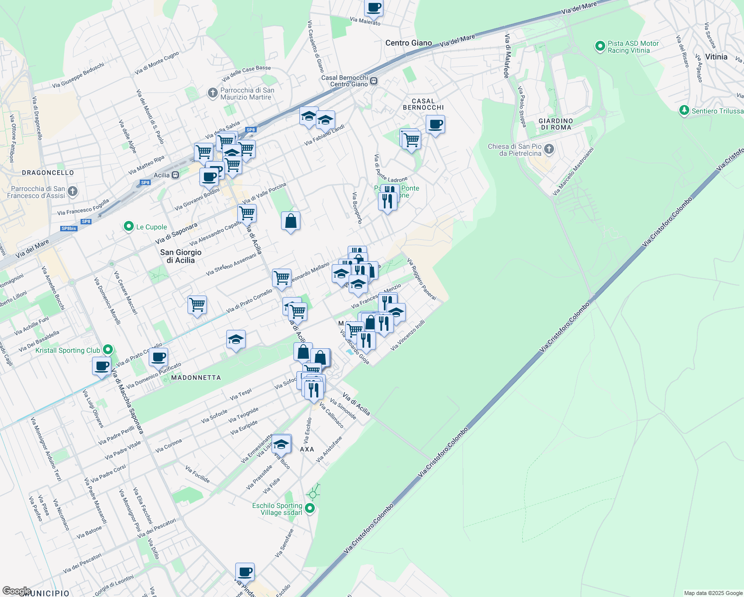 map of restaurants, bars, coffee shops, grocery stores, and more near Via Francesco Menzio in Acilia-castel Fusano-ostia Antica