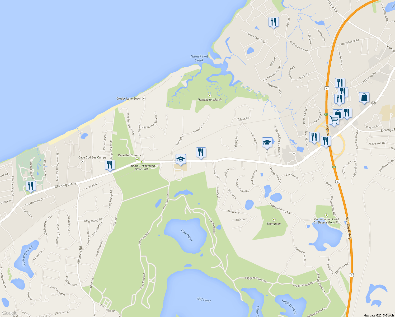 map of restaurants, bars, coffee shops, grocery stores, and more near 3655 Main St in Brewster