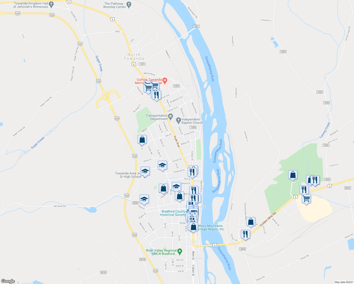 map of restaurants, bars, coffee shops, grocery stores, and more near 304 York Ave in Towanda