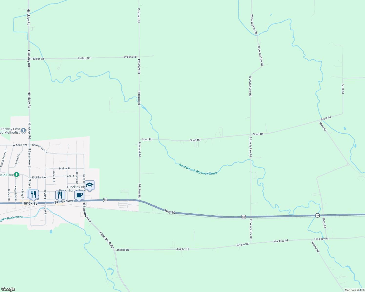 map of restaurants, bars, coffee shops, grocery stores, and more near 17396 Scott Road in Hinckley