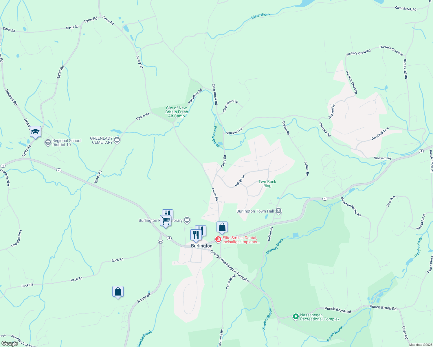 map of restaurants, bars, coffee shops, grocery stores, and more near 2 Village Lane in Burlington