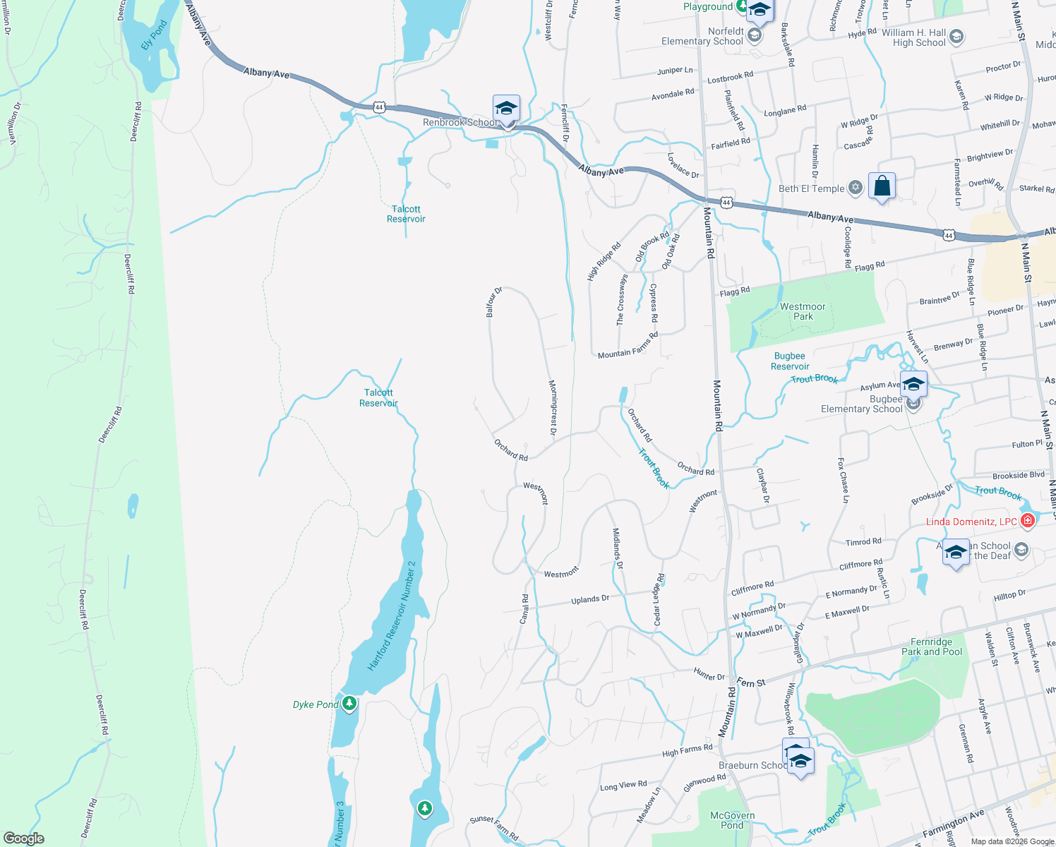 map of restaurants, bars, coffee shops, grocery stores, and more near 33 Rushleigh Road in West Hartford