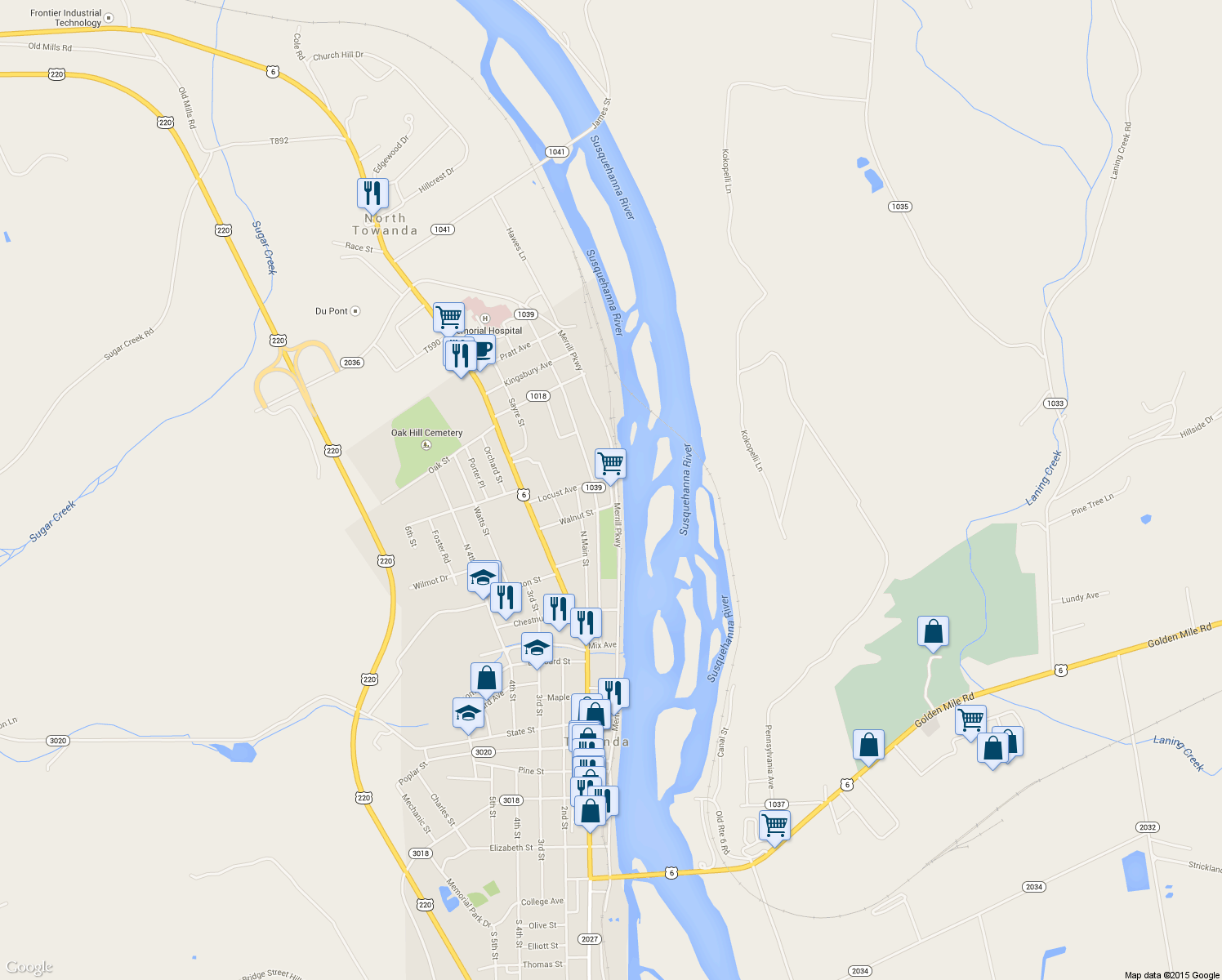 map of restaurants, bars, coffee shops, grocery stores, and more near North River Street in Towanda