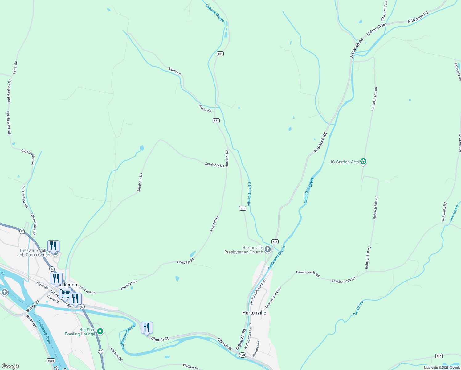 map of restaurants, bars, coffee shops, grocery stores, and more near 340 Hospital Road in Callicoon