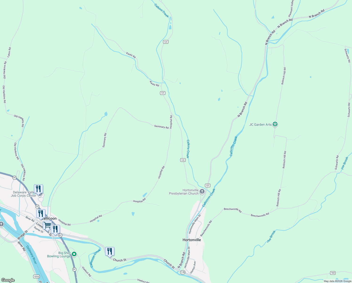 map of restaurants, bars, coffee shops, grocery stores, and more near 340 Hospital Road in Callicoon