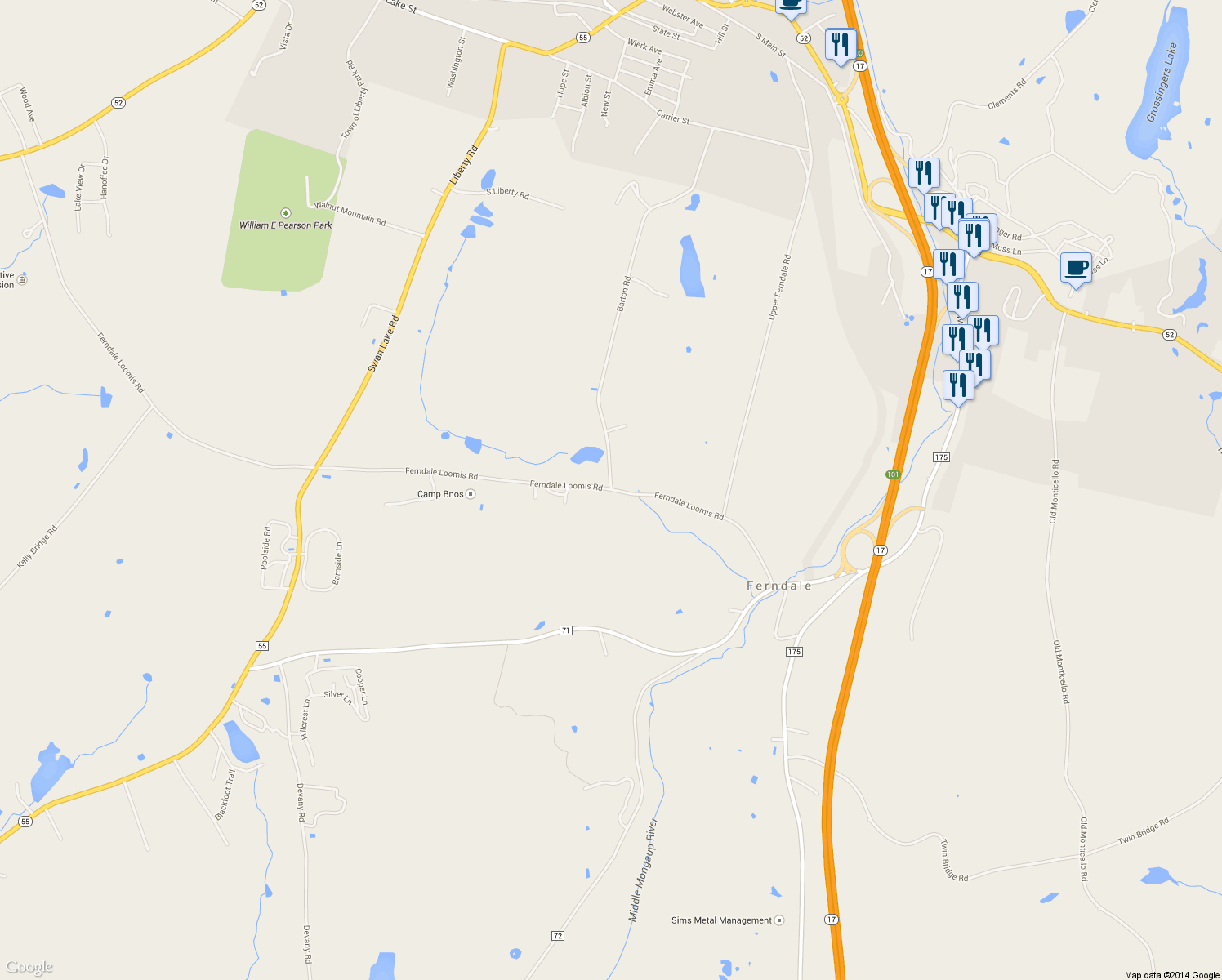 map of restaurants, bars, coffee shops, grocery stores, and more near 431 Ferndale Loomis Road in Liberty