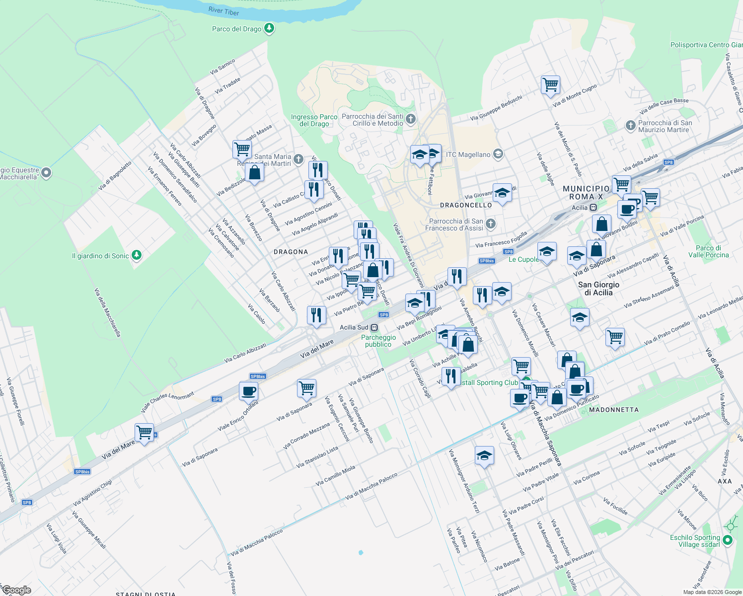 map of restaurants, bars, coffee shops, grocery stores, and more near 57-61 Via Pietro Benedetti in Acilia-castel Fusano-ostia Antica