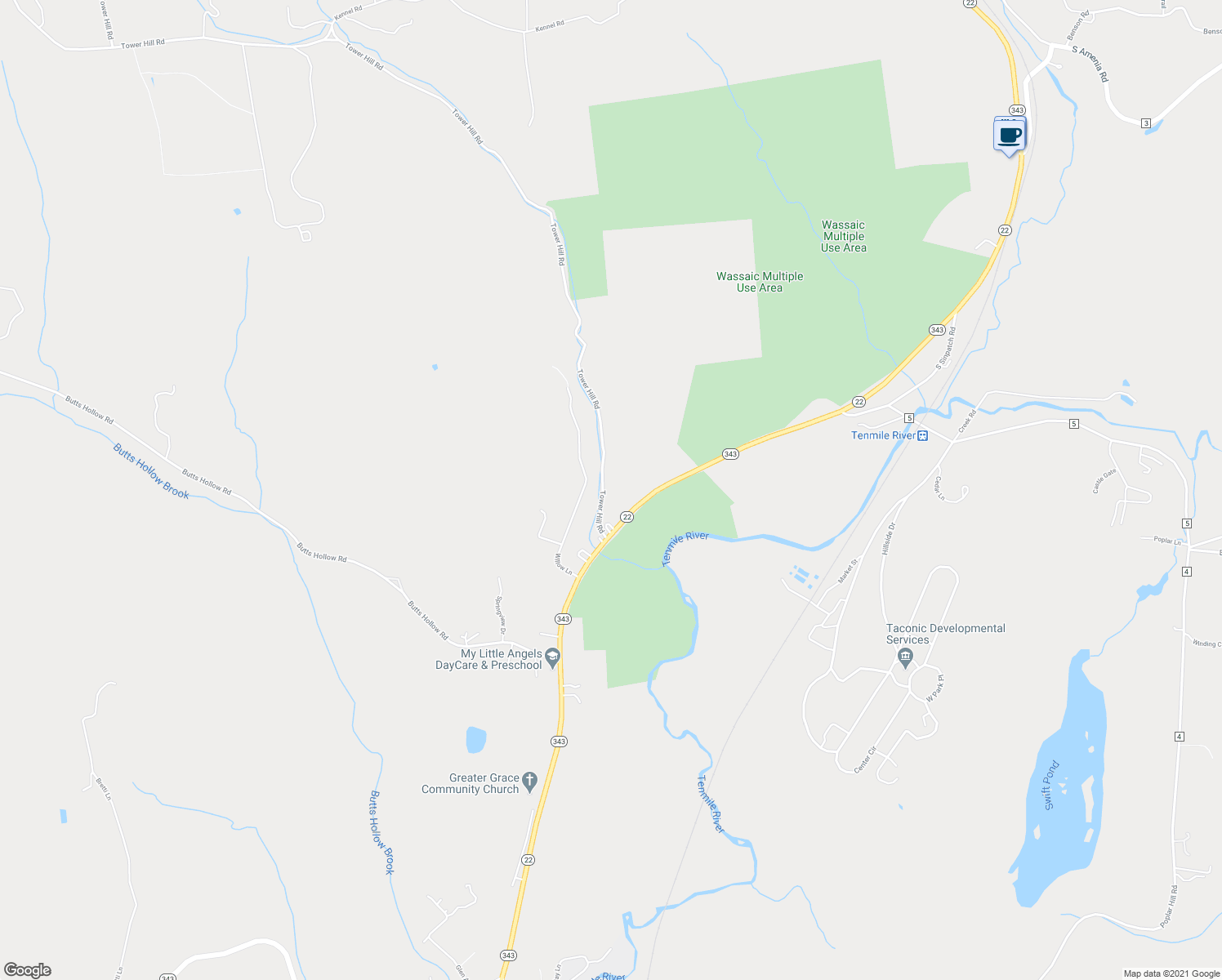 map of restaurants, bars, coffee shops, grocery stores, and more near 32 Tower Hill Road in Wassaic