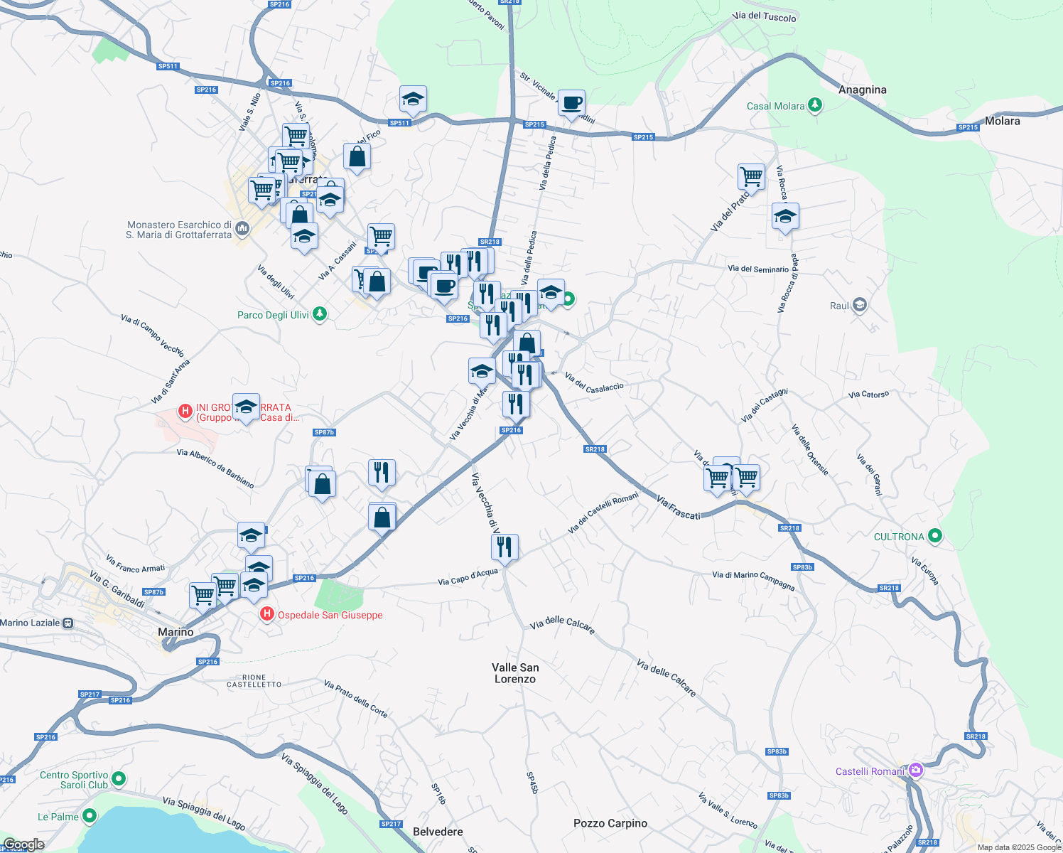 map of restaurants, bars, coffee shops, grocery stores, and more near 104 Viale Vittorio Veneto in Grottaferrata