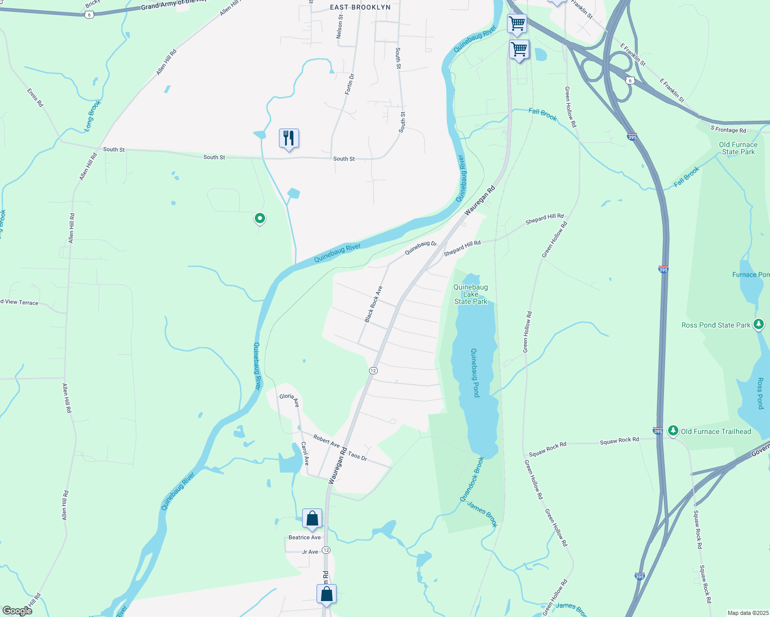 map of restaurants, bars, coffee shops, grocery stores, and more near 13 Edwardsen Street in Killingly