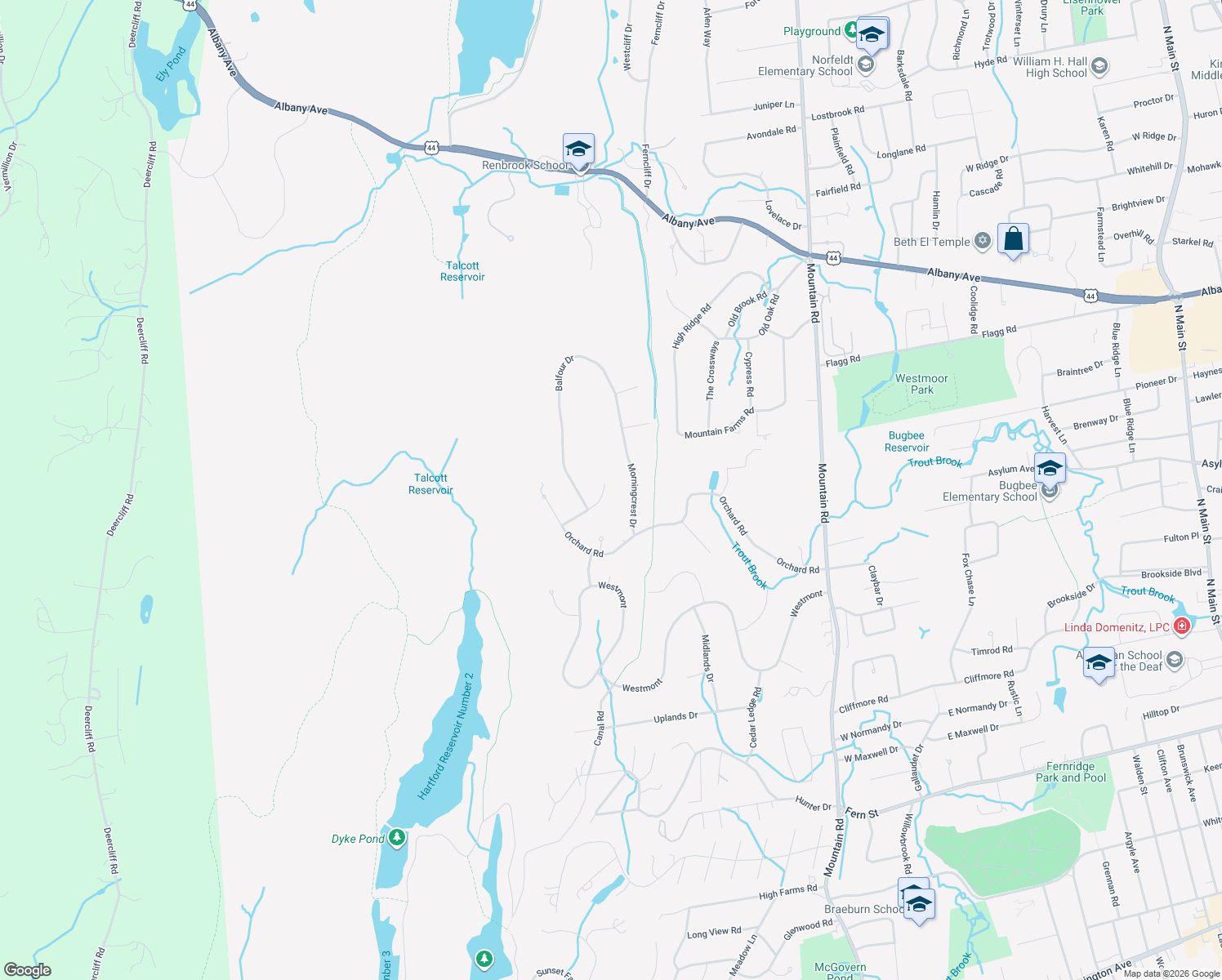 map of restaurants, bars, coffee shops, grocery stores, and more near 33 Rushleigh Road in West Hartford
