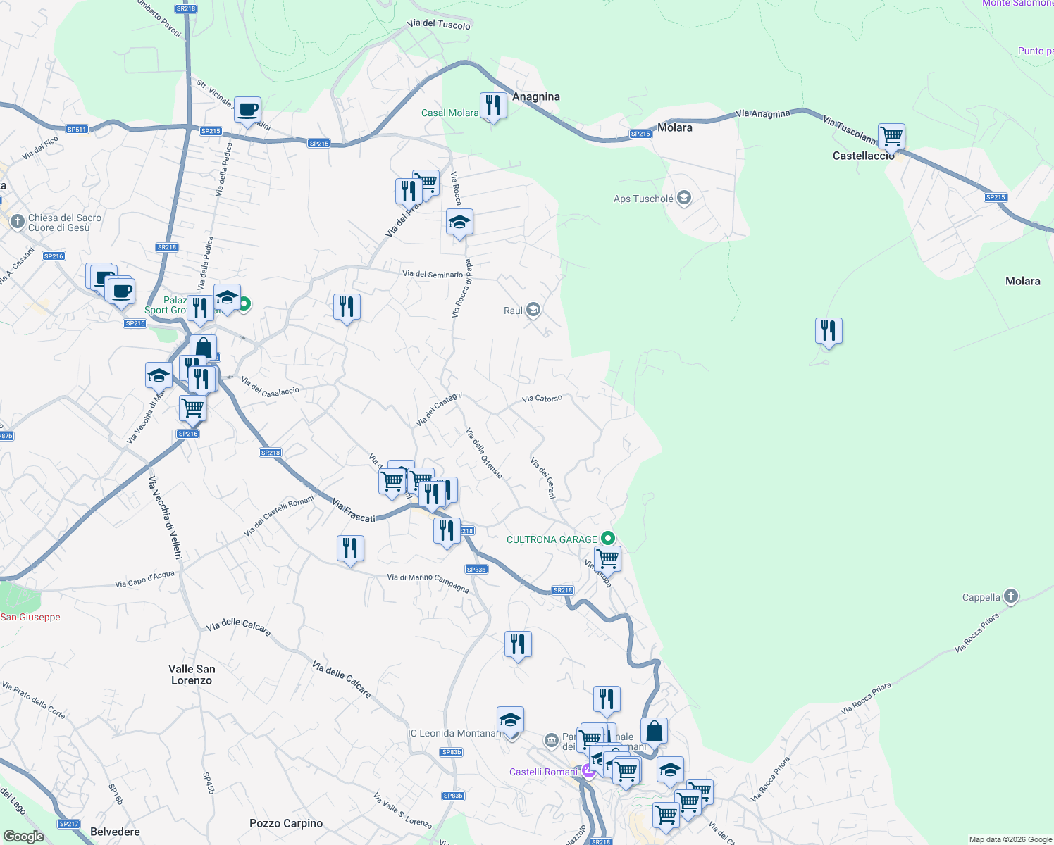 map of restaurants, bars, coffee shops, grocery stores, and more near 31-37 Via dei Gerani in Rocca di Papa