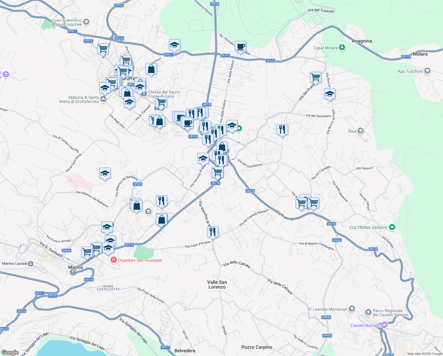 map of restaurants, bars, coffee shops, grocery stores, and more near 104 Viale Vittorio Veneto in Grottaferrata