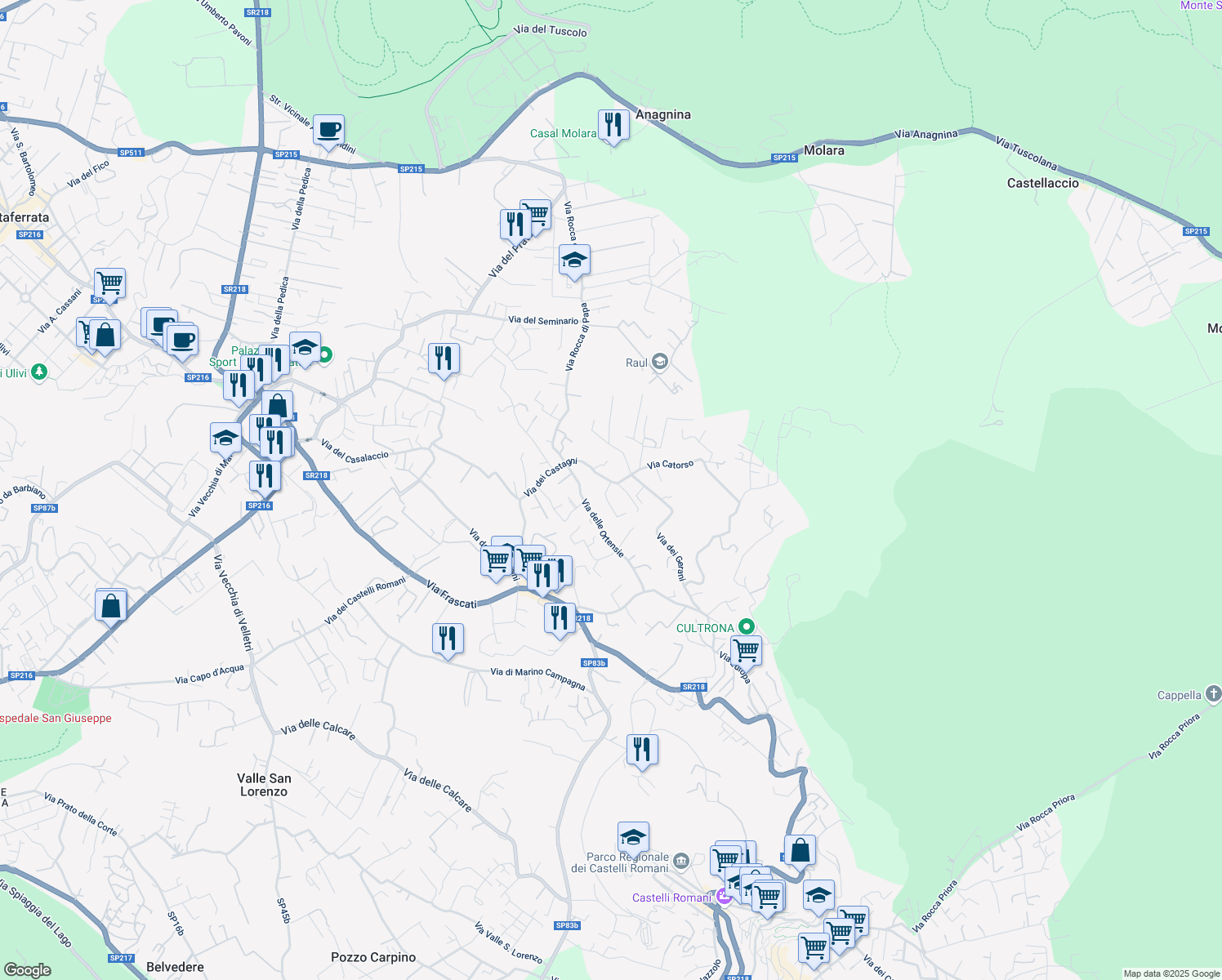map of restaurants, bars, coffee shops, grocery stores, and more near 9 Via dei Gerani in Rocca di Papa