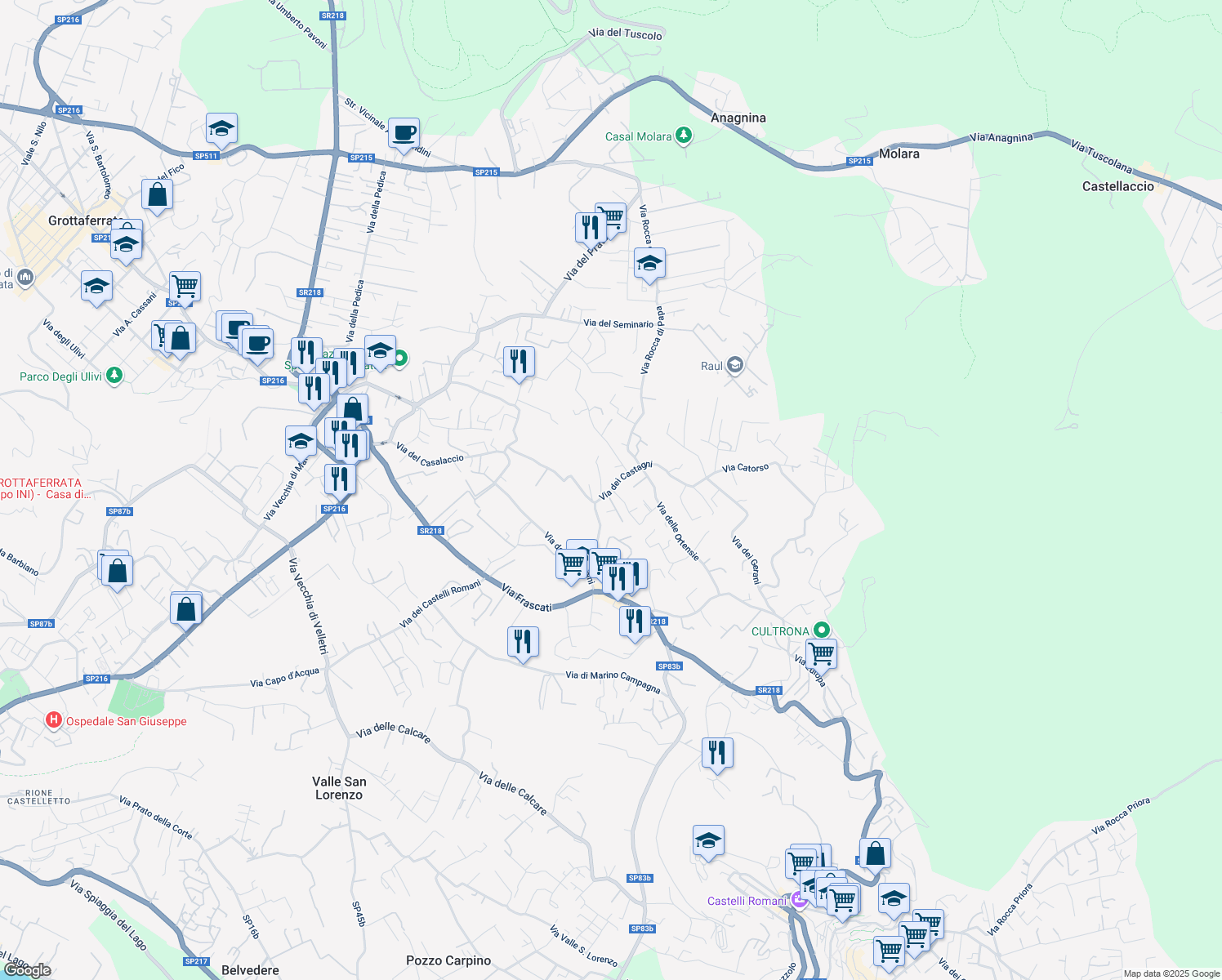 map of restaurants, bars, coffee shops, grocery stores, and more near 30 Via dei Castagni in Rocca di Papa