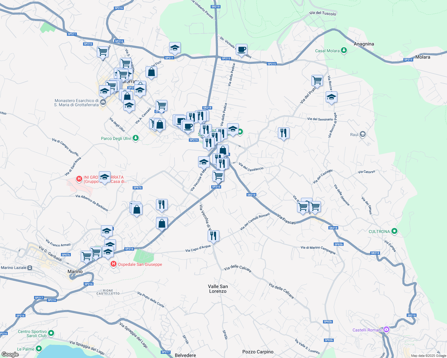 map of restaurants, bars, coffee shops, grocery stores, and more near 104 Viale Vittorio Veneto in Grottaferrata