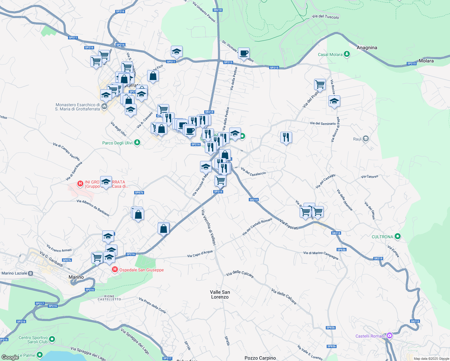 map of restaurants, bars, coffee shops, grocery stores, and more near 95 Vicolo Vittorio Veneto in Grottaferrata