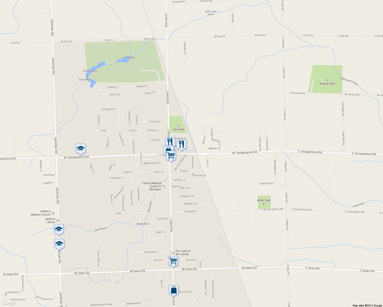 map of restaurants, bars, coffee shops, grocery stores, and more near 620 W Temperance Rd in Temperance