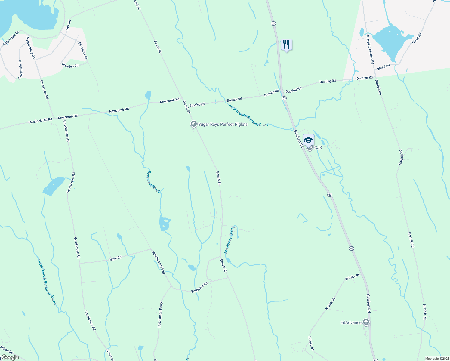 map of restaurants, bars, coffee shops, grocery stores, and more near 318 Beach Street in Litchfield