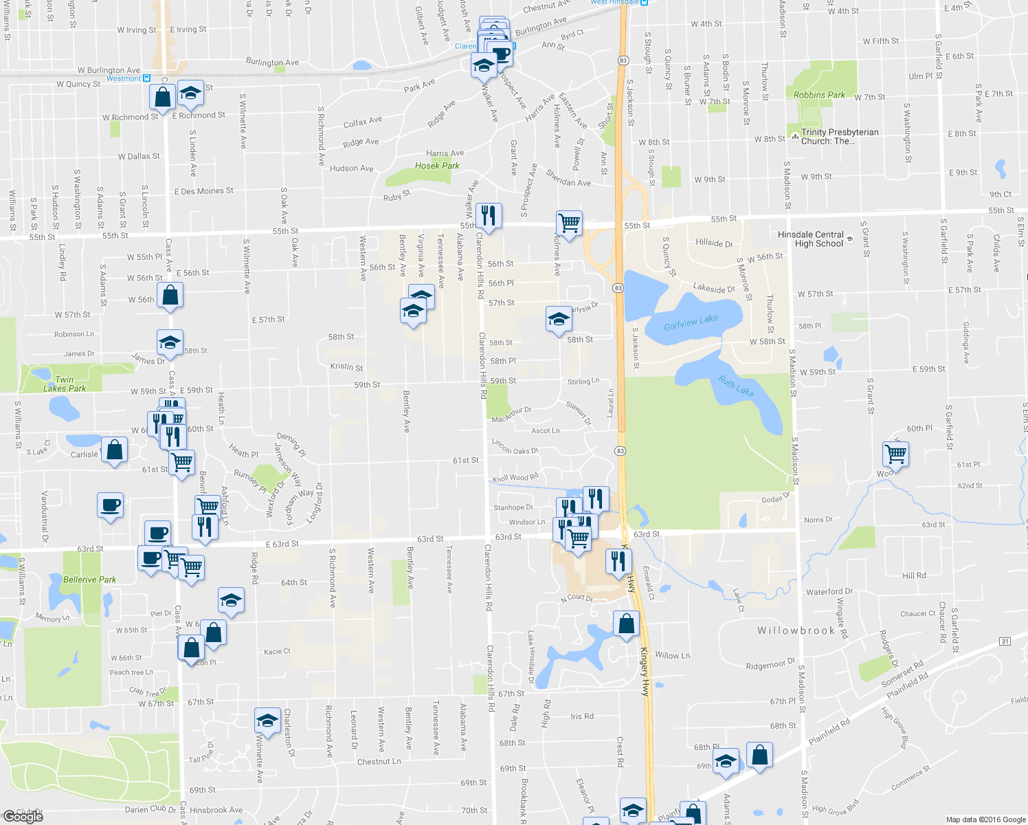 map of restaurants, bars, coffee shops, grocery stores, and more near 154 Macarthur Drive in Willowbrook