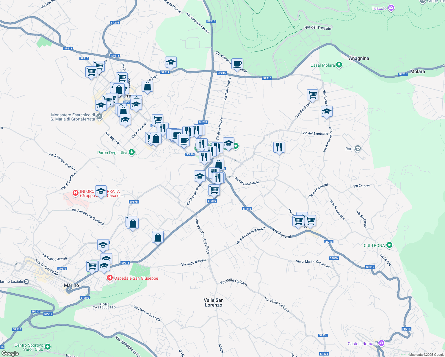 map of restaurants, bars, coffee shops, grocery stores, and more near 95 Vicolo Vittorio Veneto in Grottaferrata