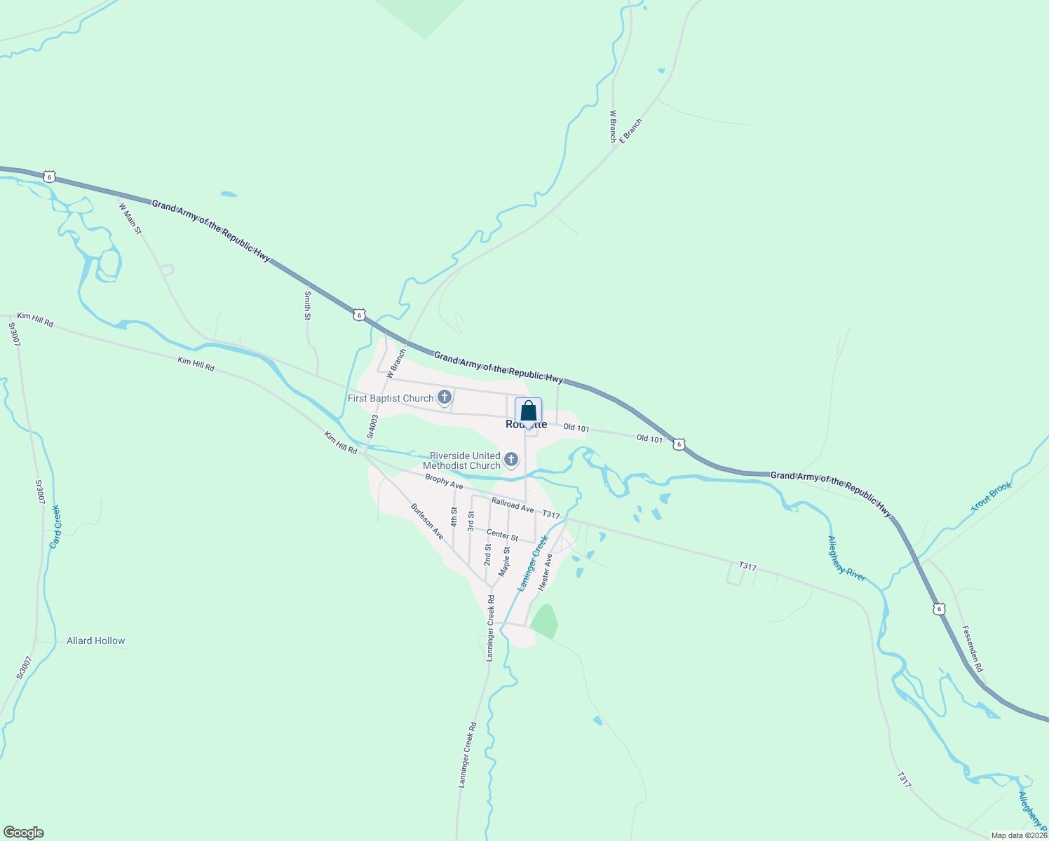 map of restaurants, bars, coffee shops, grocery stores, and more near Main Street in Potter