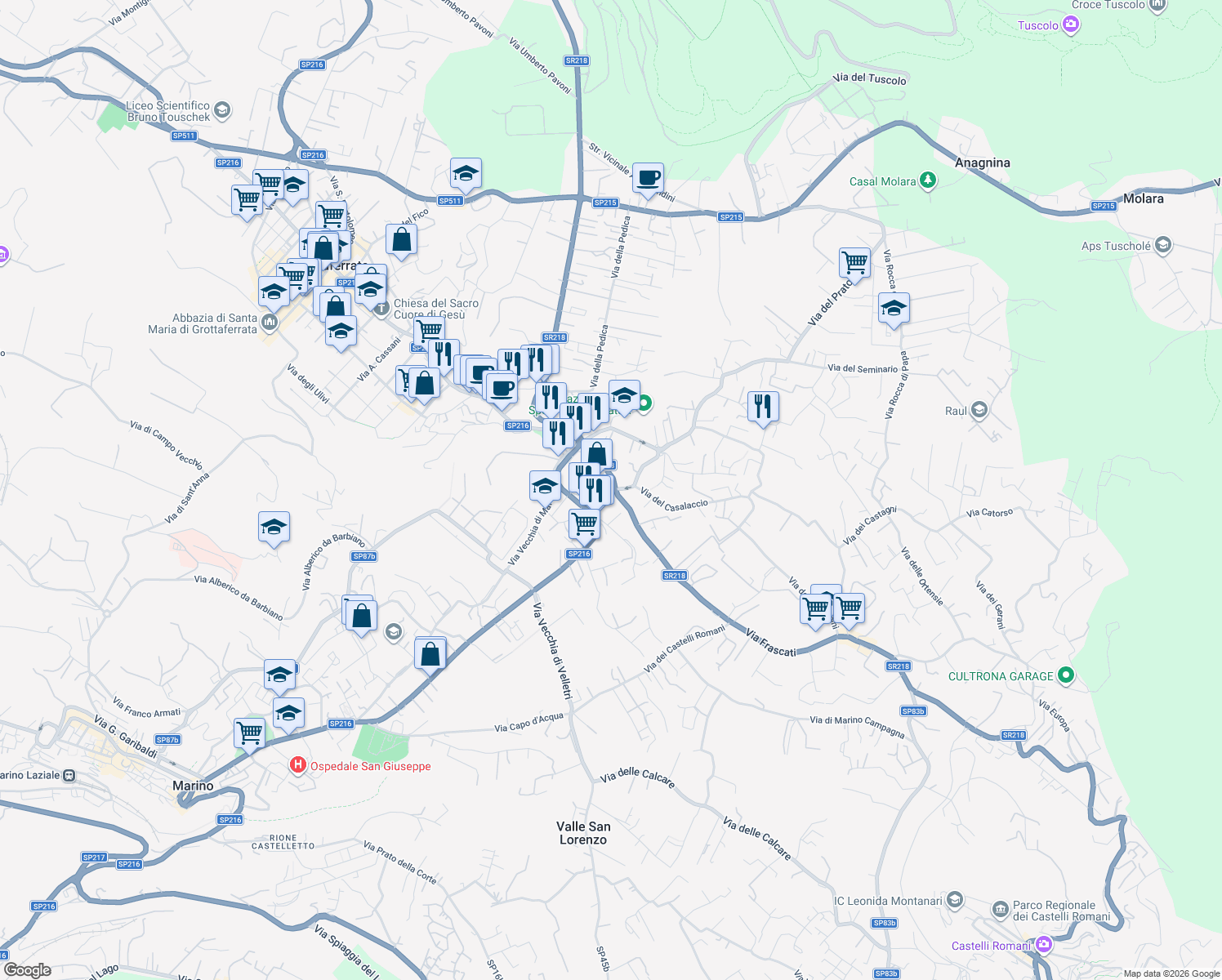map of restaurants, bars, coffee shops, grocery stores, and more near 11 Via Campi d'Annibale in Grottaferrata