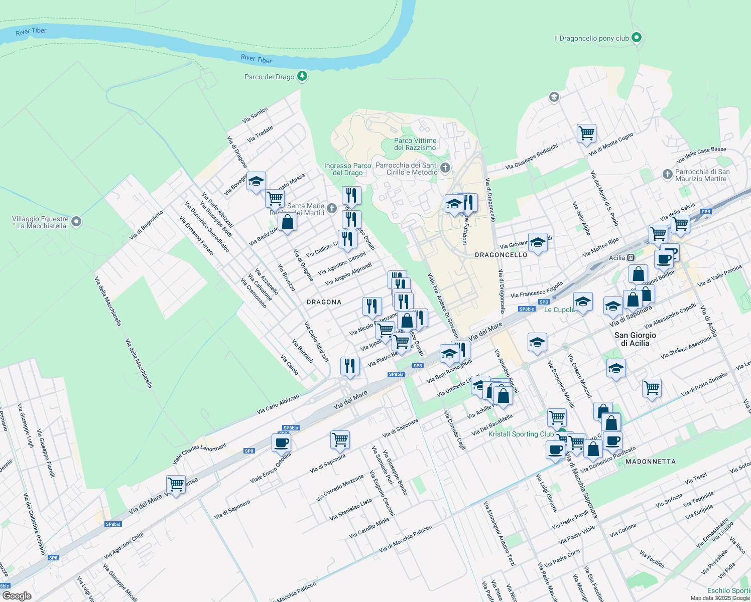map of restaurants, bars, coffee shops, grocery stores, and more near 34 Via Enrico Verjus in Città metropolitana di Roma Capitale