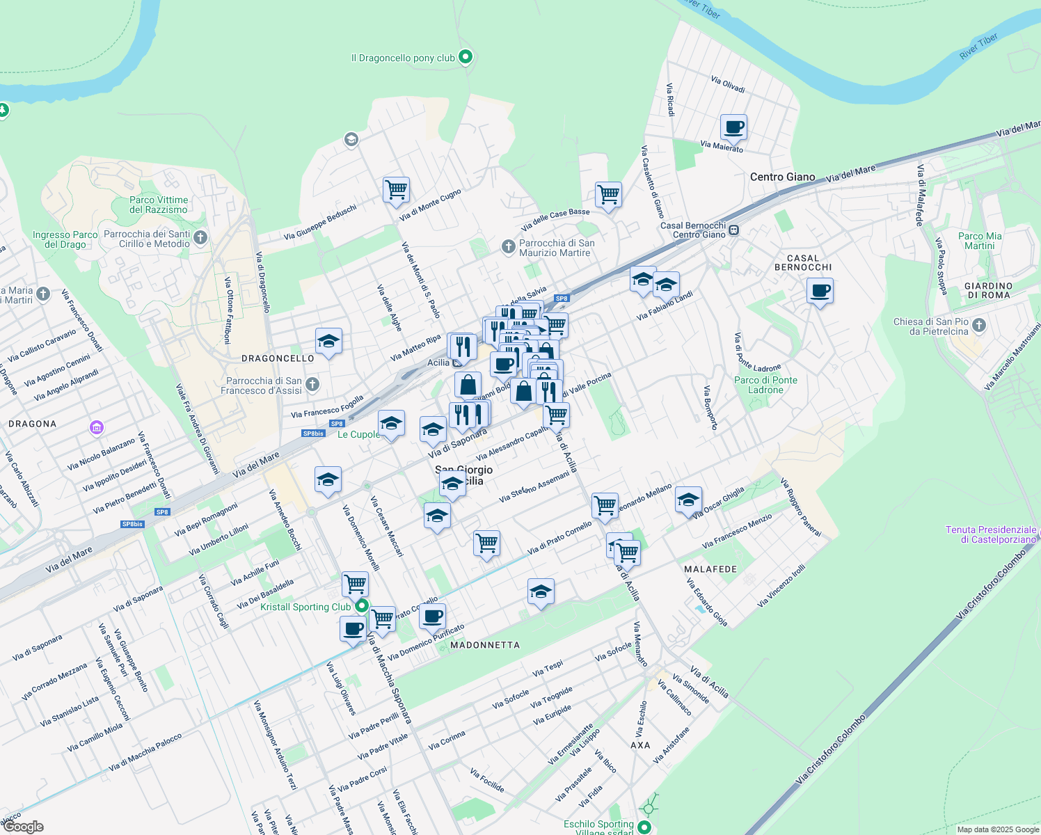 map of restaurants, bars, coffee shops, grocery stores, and more near 24 Via di Saponara in Acilia-castel Fusano-ostia Antica