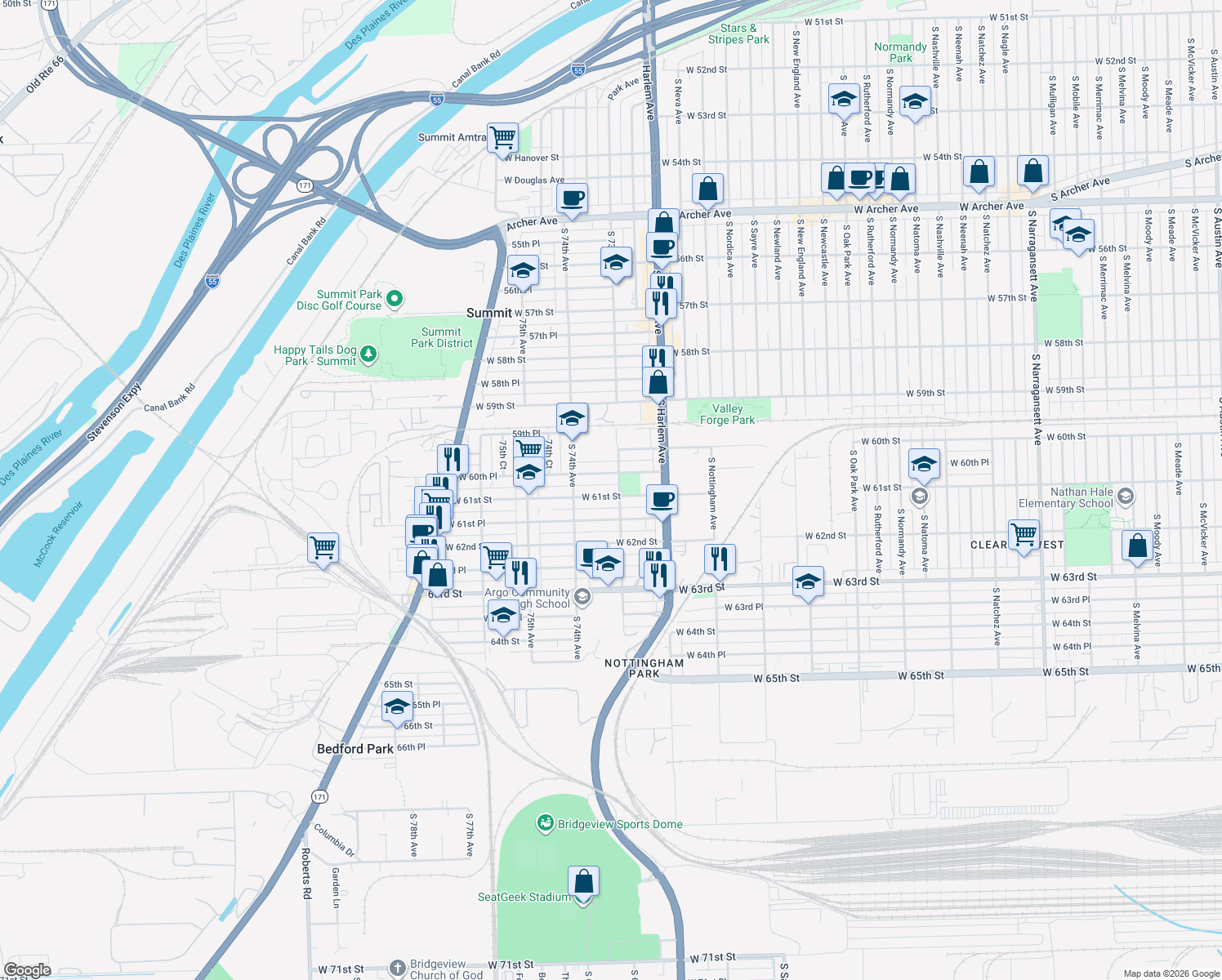 map of restaurants, bars, coffee shops, grocery stores, and more near 7306 West 61st Street in Summit