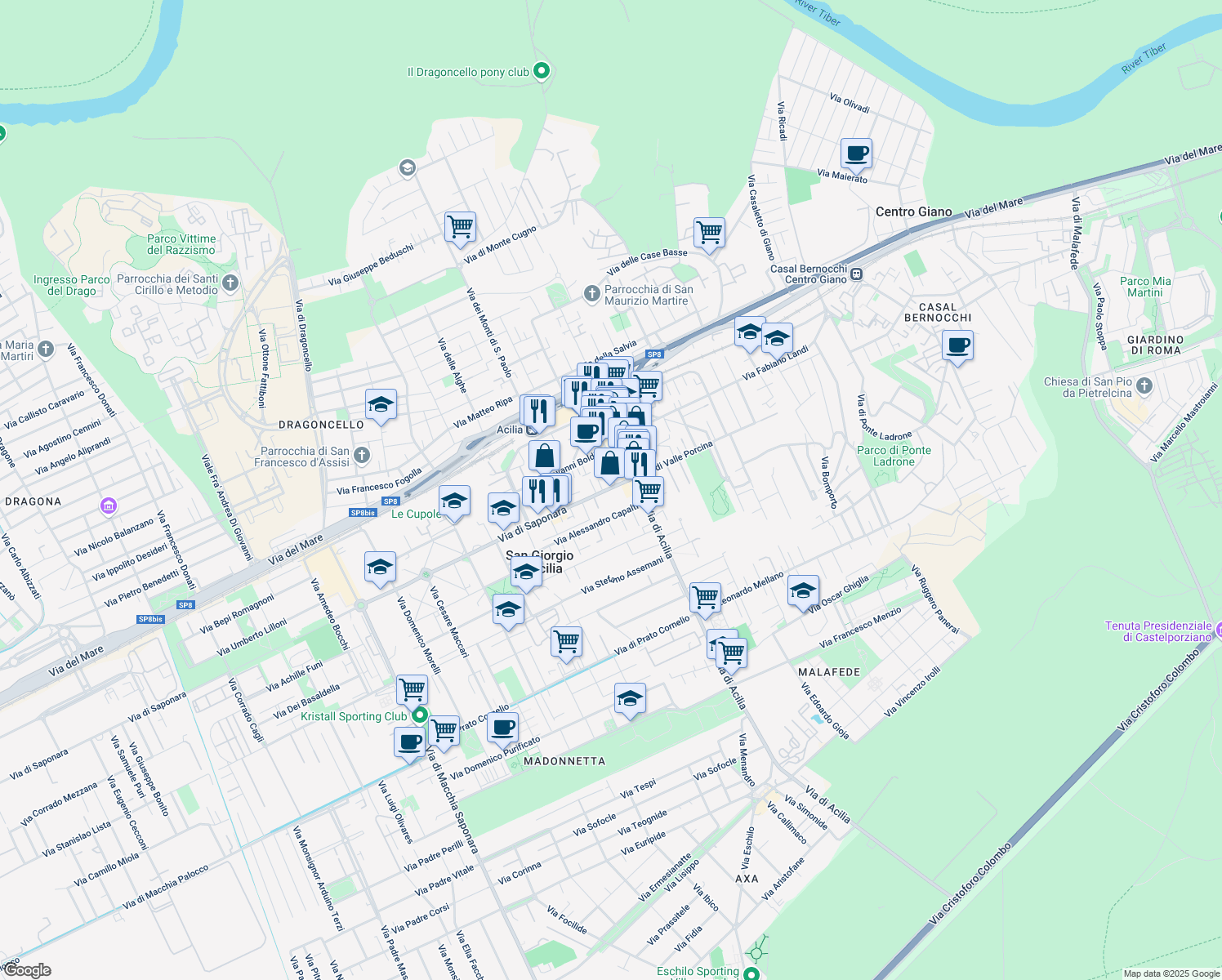 map of restaurants, bars, coffee shops, grocery stores, and more near 24 Via di Saponara in Città metropolitana di Roma Capitale