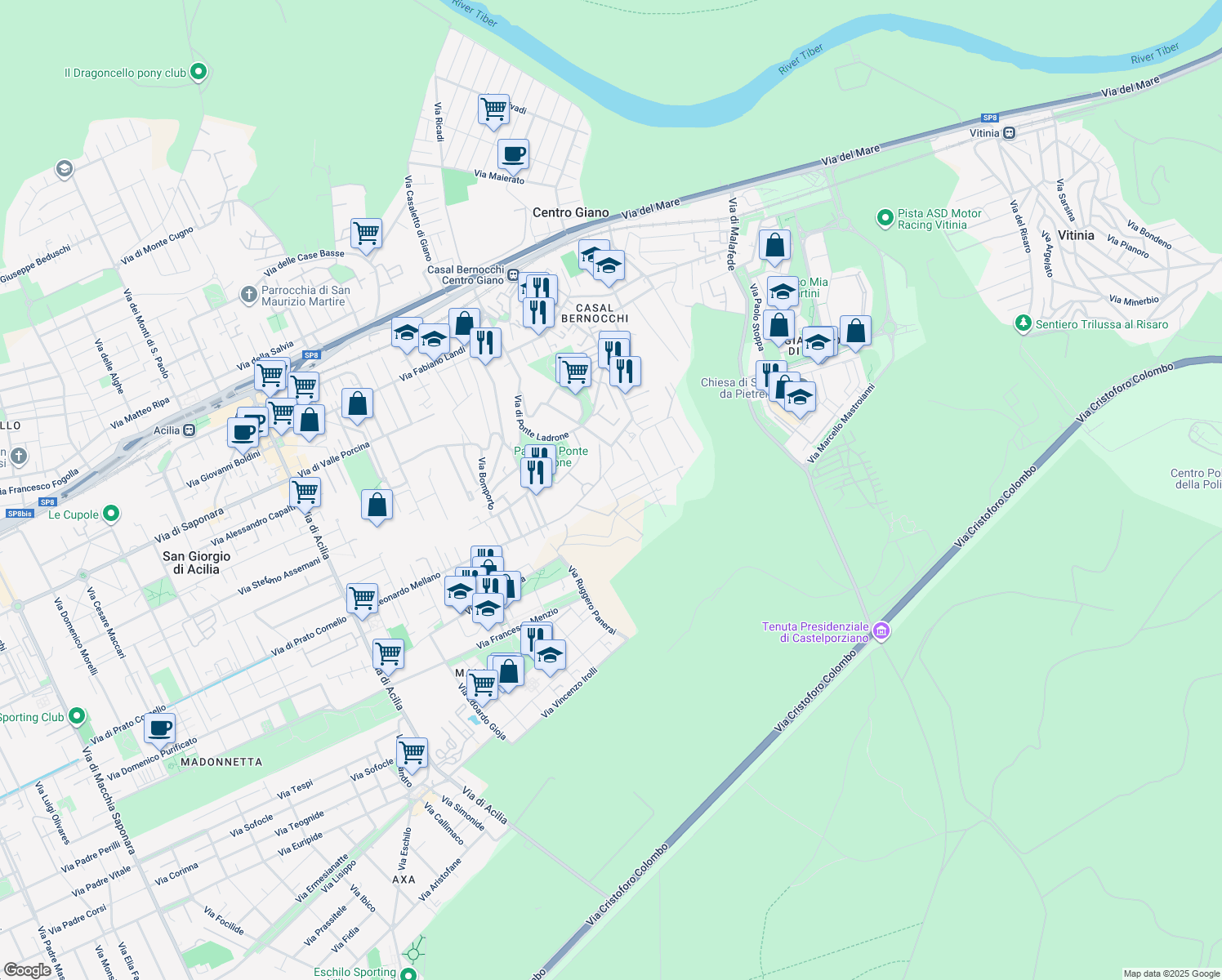 map of restaurants, bars, coffee shops, grocery stores, and more near Via della Cesarina in Rome