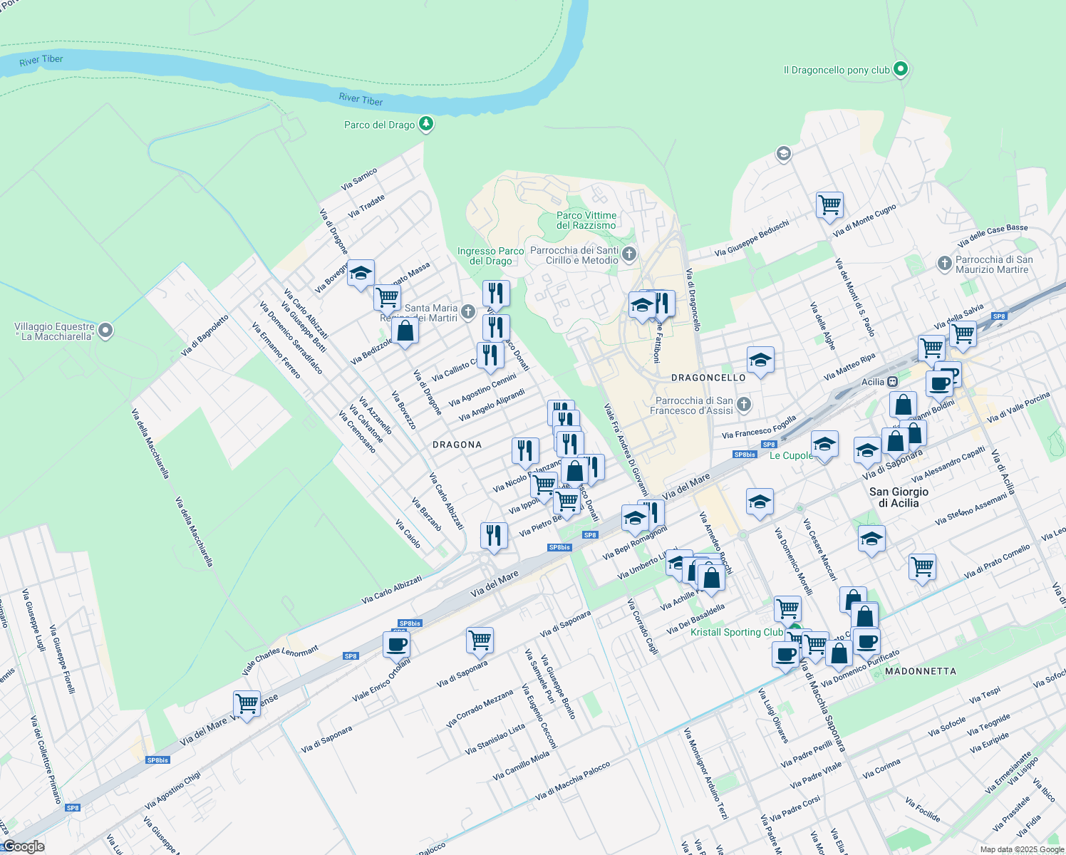 map of restaurants, bars, coffee shops, grocery stores, and more near 34 Via Enrico Verjus in Città metropolitana di Roma Capitale