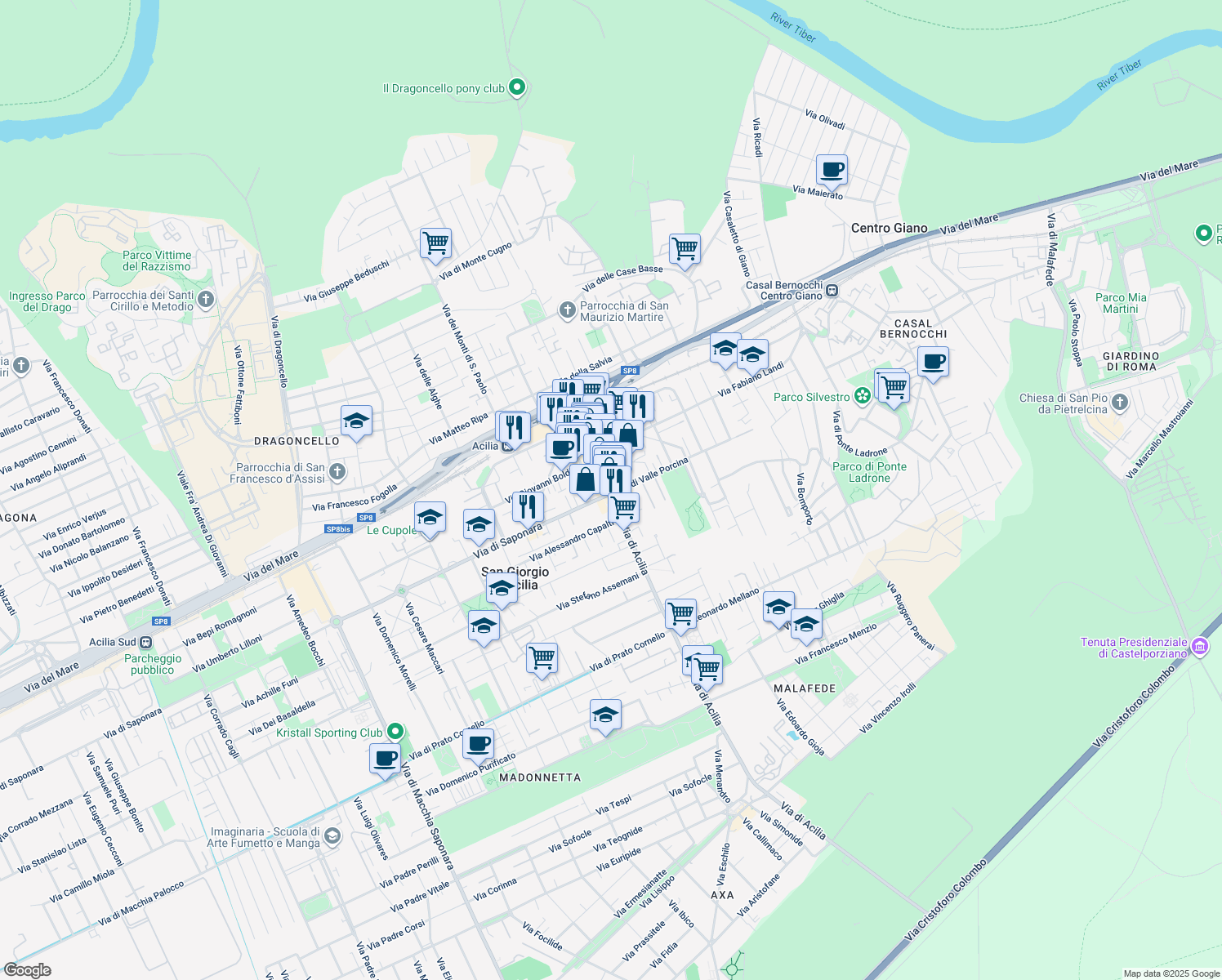 map of restaurants, bars, coffee shops, grocery stores, and more near 57b Via di Acilia in Città metropolitana di Roma Capitale