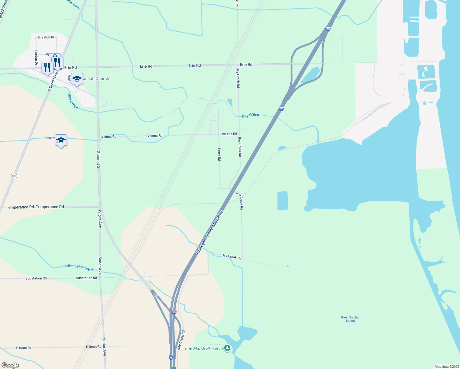 map of restaurants, bars, coffee shops, grocery stores, and more near 9051 Bay Creek Road in Erie