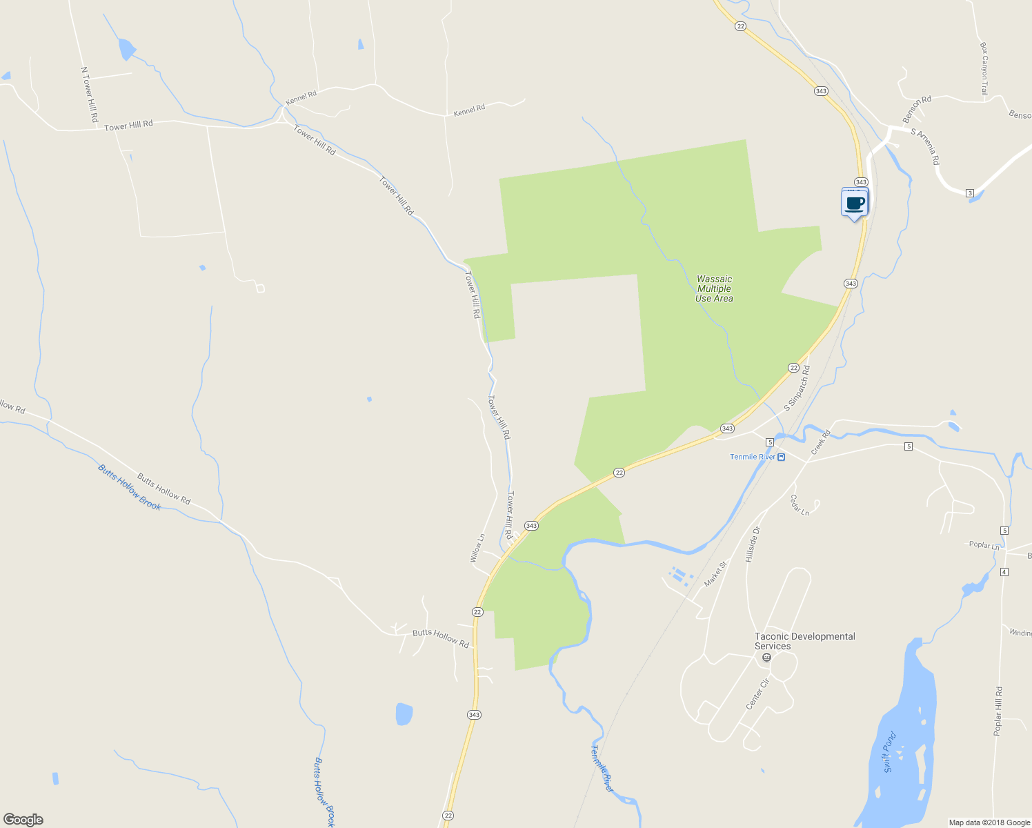 map of restaurants, bars, coffee shops, grocery stores, and more near 54 Tower Hill Road in Wassaic