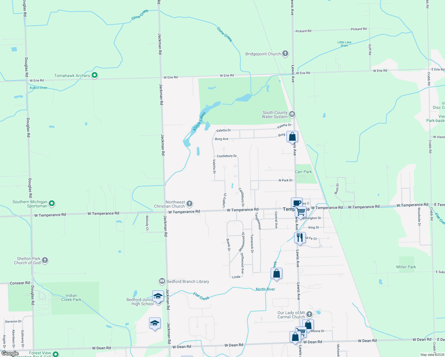 map of restaurants, bars, coffee shops, grocery stores, and more near 9177 Legacy Court in Temperance